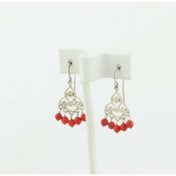 Sterling Silver Rondelle Cut Red Bead Earrings Dangle Drop Earrings - Picture 6 of 7